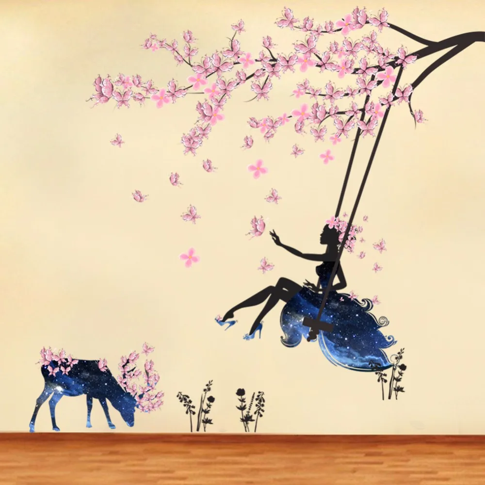Romantic Flower Fairy Swing Wall Stickers for Kids Room Wall Decor Bedroom Living Room Children Girls Room Decal Poster Mural