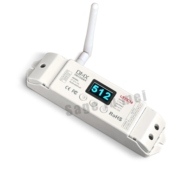 

LT-874-5A;4CH Wireless 2.4GHZ CV DMX512 Decoder Controller;DC5V-24VDC input;5A*4CH MAX 20A output With OLED Screen for led lamp