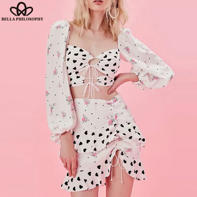 Sexy Square Collar Short Blouse Vintage Elastic Drawstring Women Set Lady Boho Suits Patchwork Skirts Bottoms Top 2019 new
