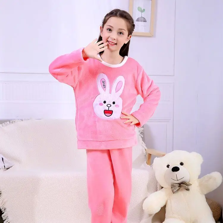 Girls Flannel Pajamas Sets Kids Rabbit Pyjamas Children Warm Thickening