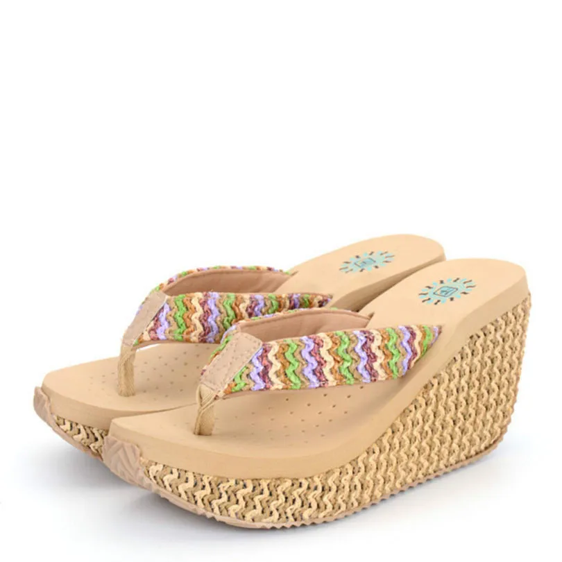 

New Fashion Summer Style Women Sandals High Heels Flip Flops Beach Wedge Sandals Rainbow Strap Platform Wedge Flip Flops