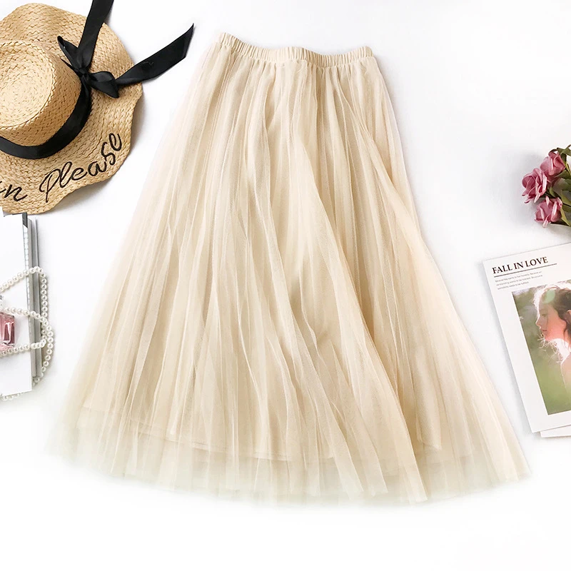 

2019 high waist pleated mesh skirt solid color long skirt female Korean version of the four seasons can wear wild A word skirt