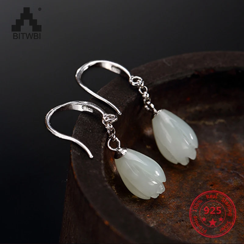 

S925 Sterling Sliver High-end Women Earrings Nail Vintage Fashion Jade Inlaid Drop Earrings Jewelry for Lady Best Jewelry Gift