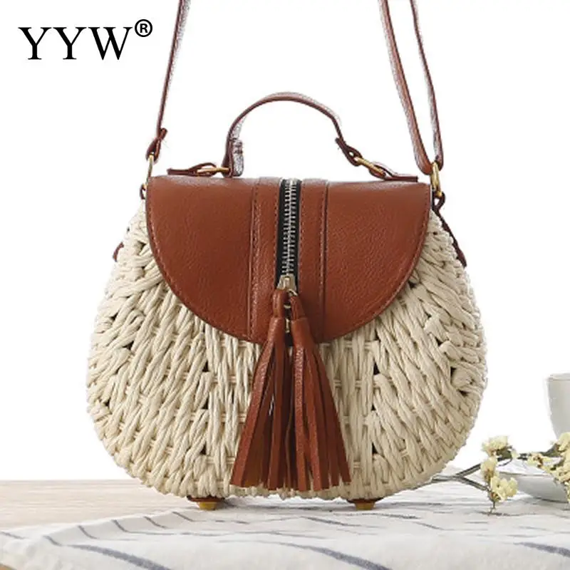 Wholesale Woman Straw Bag Casual Weave & Tassels Crossbody Bag Ladies