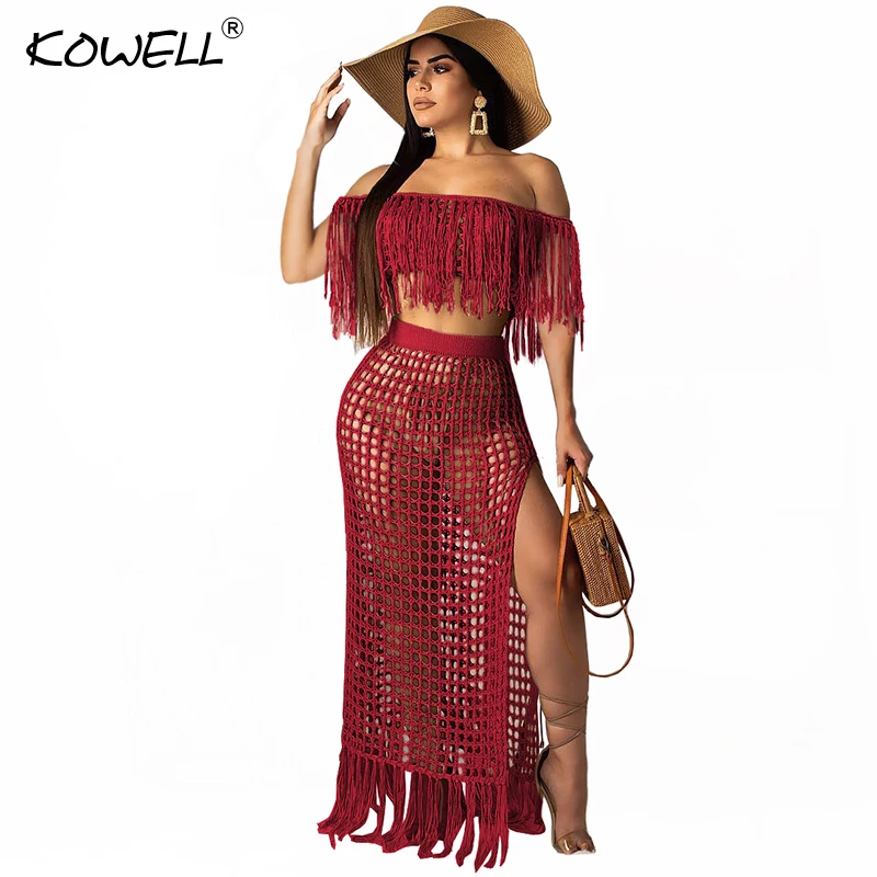 

2019 Summer tassel two piece maxi dress women Sexy Red hollow out long dress Beach female Red off shoulder split dress vestido