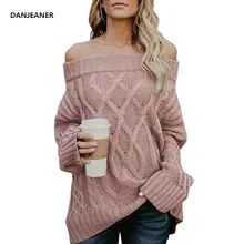 Danjeaner Women Sexy Off Shoulder Sweater Loose Cable Knitting Plus Size Long Pullover Female Thick Coarse Knitted Winter Jumper beige cable pattern off shoulder pullover sweater