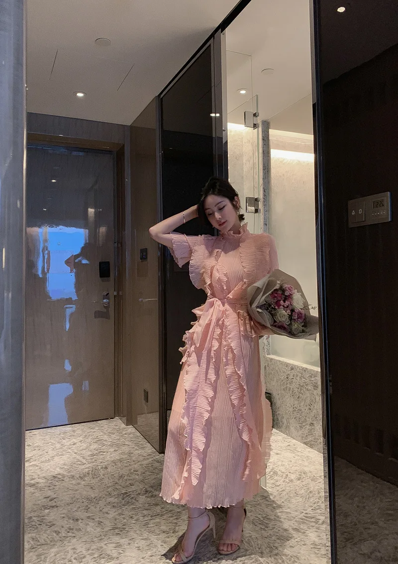 Летнее высококачественное женское платье со стоячим воротником, рукав до локтя, платье с оборками, женские бандажные Сексуальные вечерние платья, элегантные женские платья