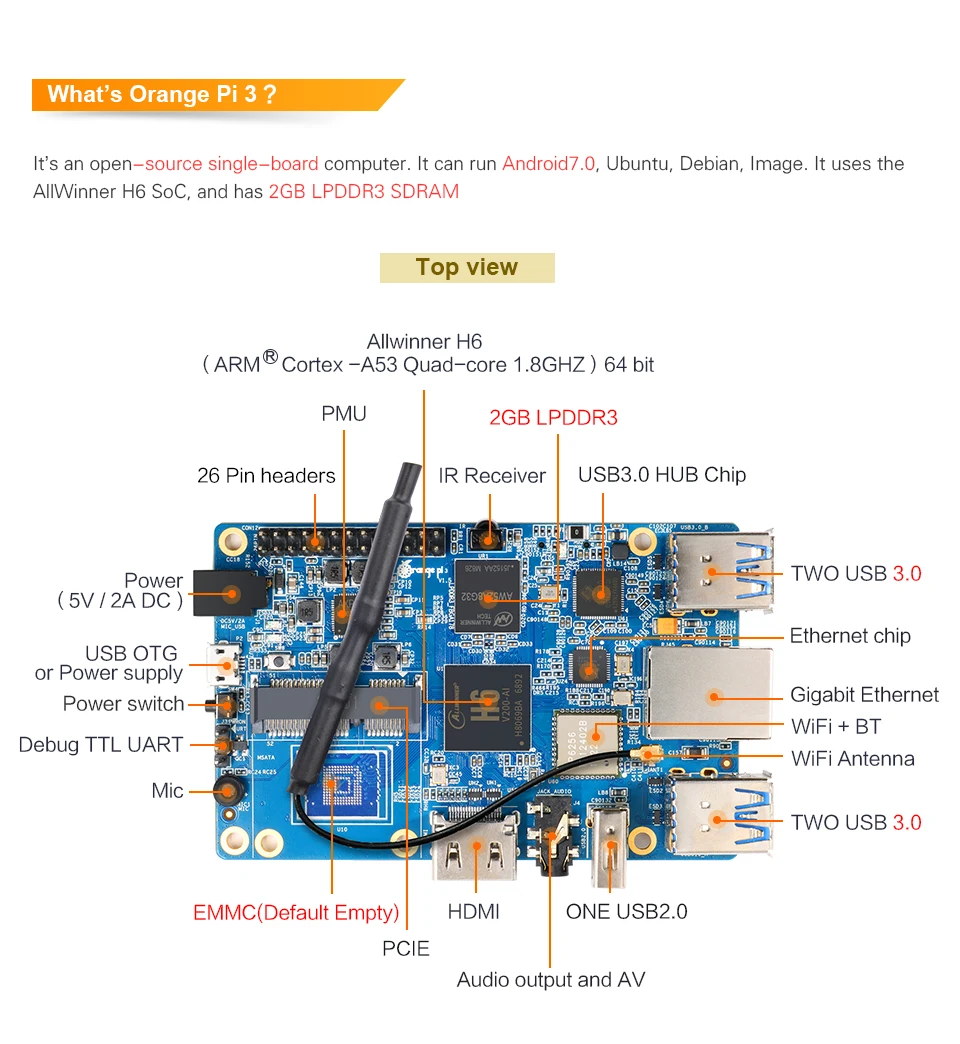 Оранжевый Pi 3 Set5: OPI 3+ USB к DC 4,0 мм-1,7 мм кабель питания, H6 2 Гб LPDDR3 BT5.0 для Android 7,0, Ubuntu, Debian