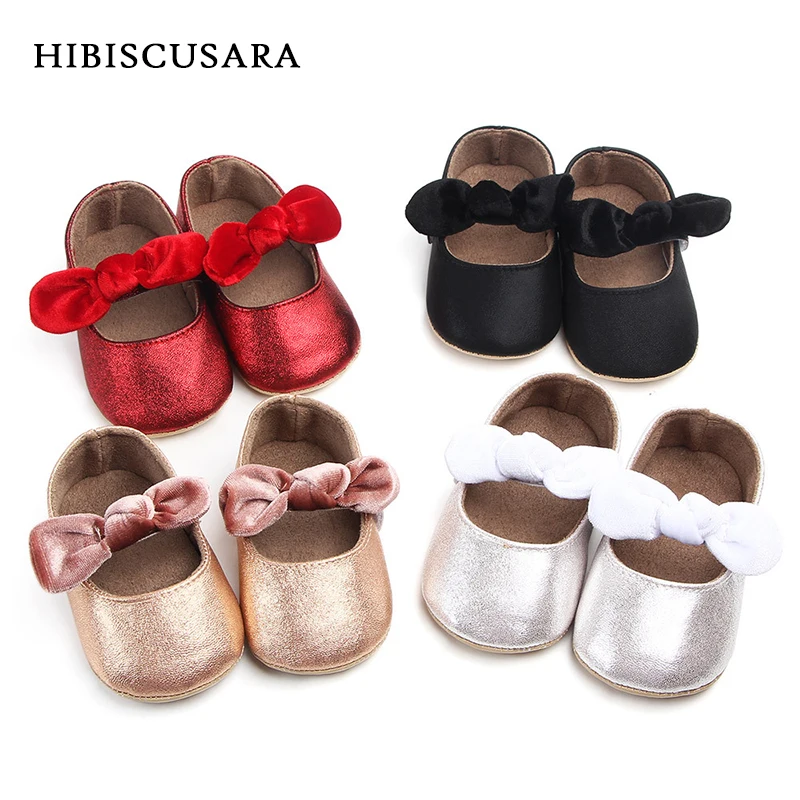 

PU Baby Mary Jane Flats Shoes Infant Girl First Walkers Velvet Bowknot Soft Rubber Sole Newborn Bebe Prewalkers Shine Crib Shoes