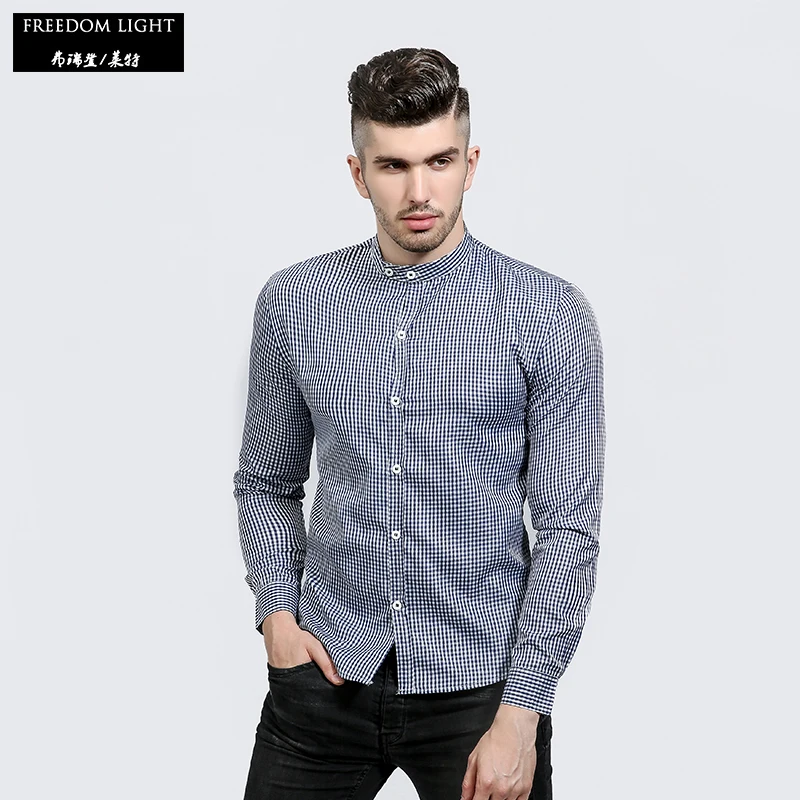 Для мужчин с длинными рукавами рубашка Slim Fit Повседневное стенд воротником плед S