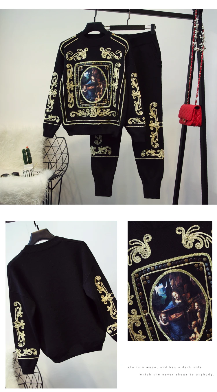 Высококачественный дизайнерский Женский комплект 2 шт., спортивный костюм с вышивкой ангела, вязанный пуловер свитер, штаны, комплект из двух предметов