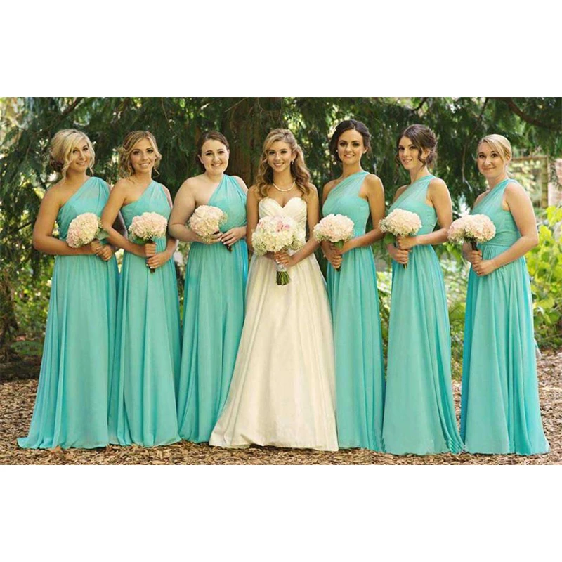 2016 Largo Elegante Y Vestido Azul TurquesaOne Hombro Gasa de La Colmena de la Azul de Damas de Honor Vestidos la Longitud Piso|turquoise blue bridesmaid dresses|blue bridesmaid dressbridesmaid