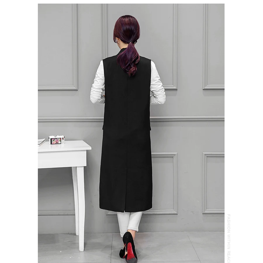 Women Black Long Vest Coat 2018 European Style Double Breasted Waistcoat Sleeveless Vest Femme Outwear Casual Tops Roupa Female