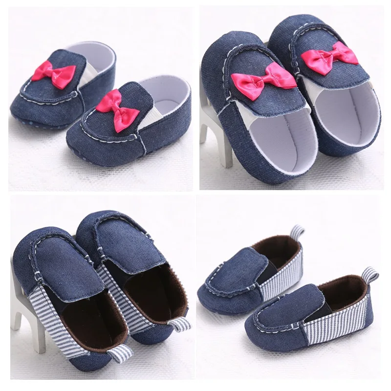 

Branded Blue Jeans Newborn Baby Shoes First Walker Striped Casual Crib Sneakers with Bow Infant Toddler Moccasins