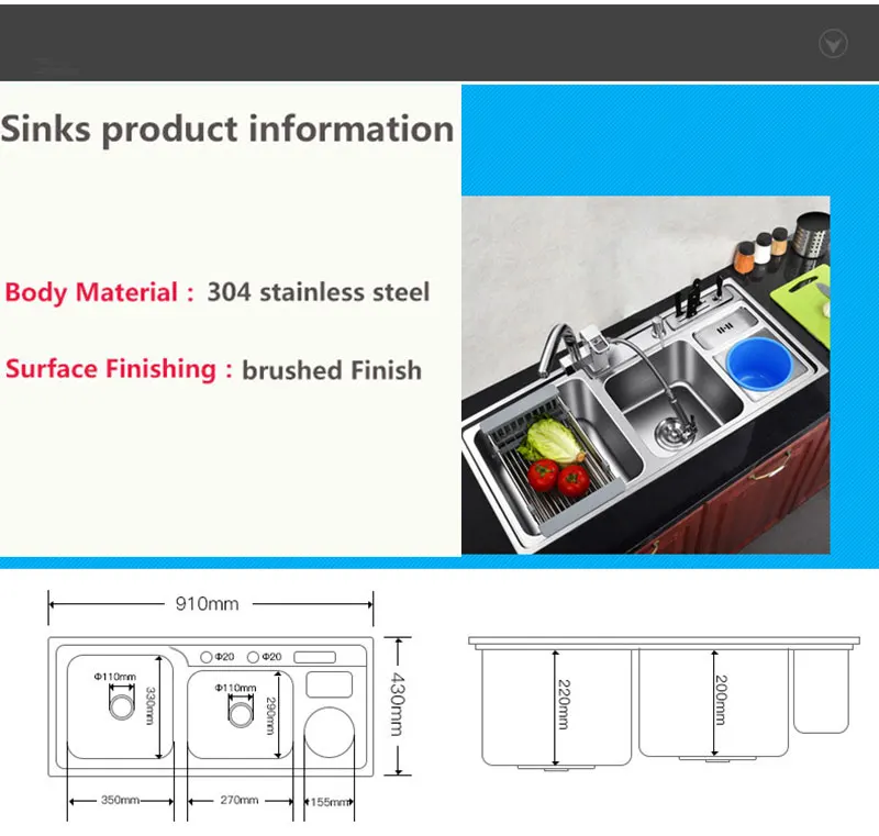 Многофункциональная кухонная раковина из нержавеющей стали, матовая Двойная чаша, drainer, кран для горячей и холодной воды,, раковина