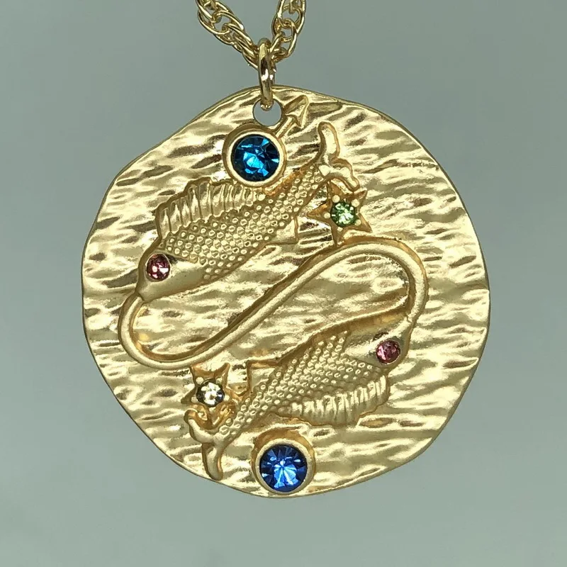 F. J4Z, хит, ожерелье с подвеской в виде зодиака 12, винтажное, матовое, золотого цвета, сплав, Знак зодиака, ожерелье, ювелирные изделия для мужчин и женщин - Окраска металла: Pisces