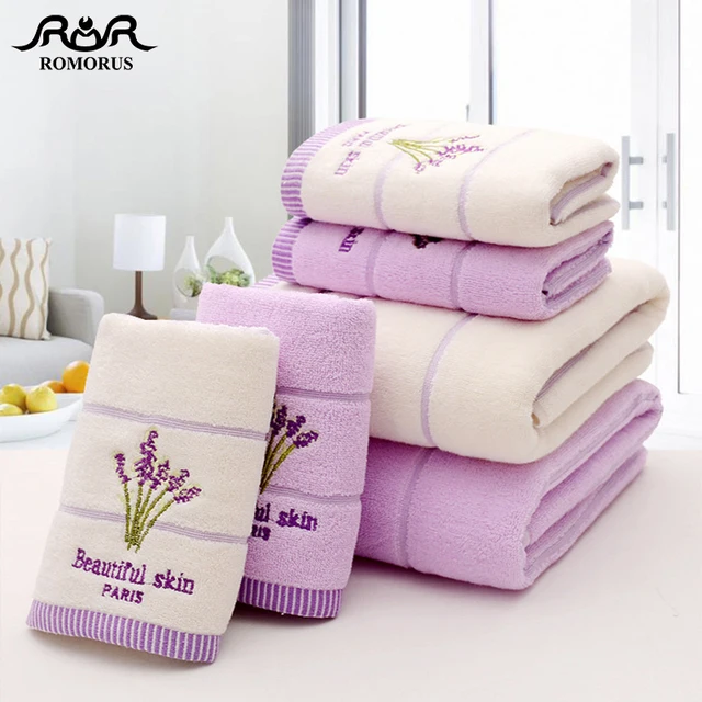 ROMORUS Purple Lavender Embroidered Towels High Quality Cotton Large Bath Towel Soft Absorbent Beach Face Towel Set for Women