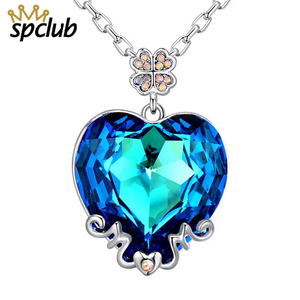 

SPCLUB Crystals from Swarovski Necklaces Fashion Jewelry for Women Pendant 2018 Blue Rhinestone Luxury Set Heart Statement Gift