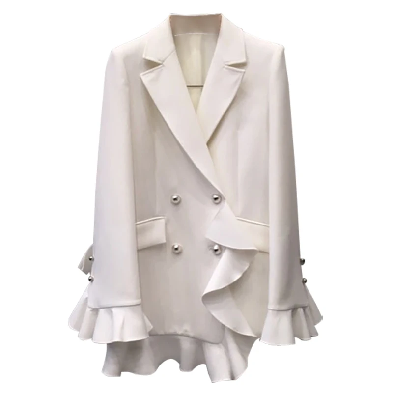 Весна 2019 двубортные белые однотонные Женские Костюмы Блейзер Куртка с капюшоном женские большие размеры карманы бизнес Blaser Mujer