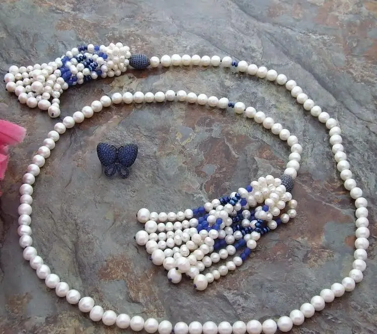 

34" White Pearl Blue bead Crystal Necklace