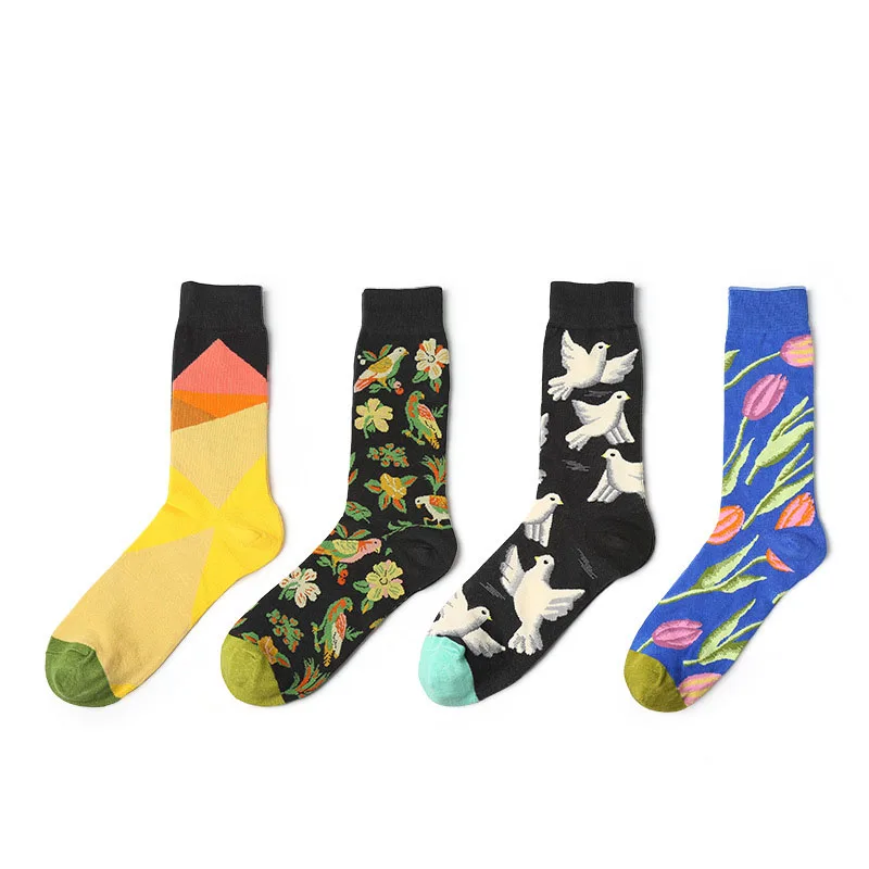 

1 Pair Art Socks New Men Women Cotton Socks Couple Funny Socks Flower Bird Long Colorful Socks EUR39-44