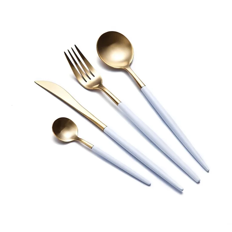 Набор посуды из нержавеющей стали с покрытием золотой синий черный нож вилка Столовые приборы Белый Европейский Западный набор еды 4 шт - Color: white gold