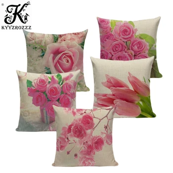 

Modern Country Style Pink Flower Tulip Linen Cotton Cushion Cover Decorative Sofa Car Chair Pillow Case Textile Rose 3D Throw
