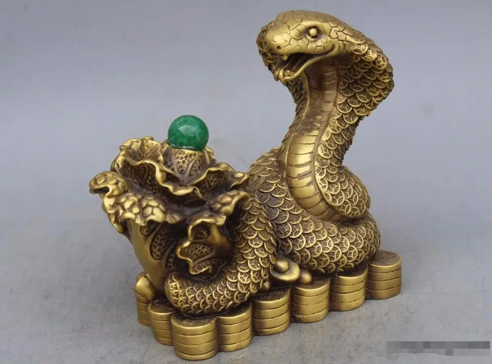7" China Copper Feng shui Zodiac Year Snake Snakes Bag Statuestatue