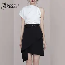 INDRESSME 2019 новый комплект из двух предметов на одно плечо белый топ юбка с запахом черный пояс с пряжкой