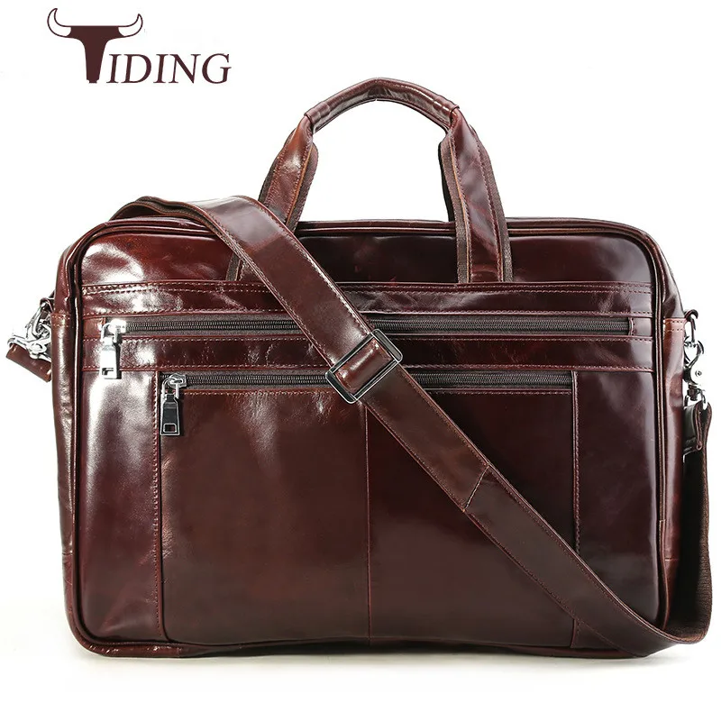 tiding Business Oil Wax Leather Men&#39;s Briefcase 17 Inch Laptop Bags Designer Multi function ...