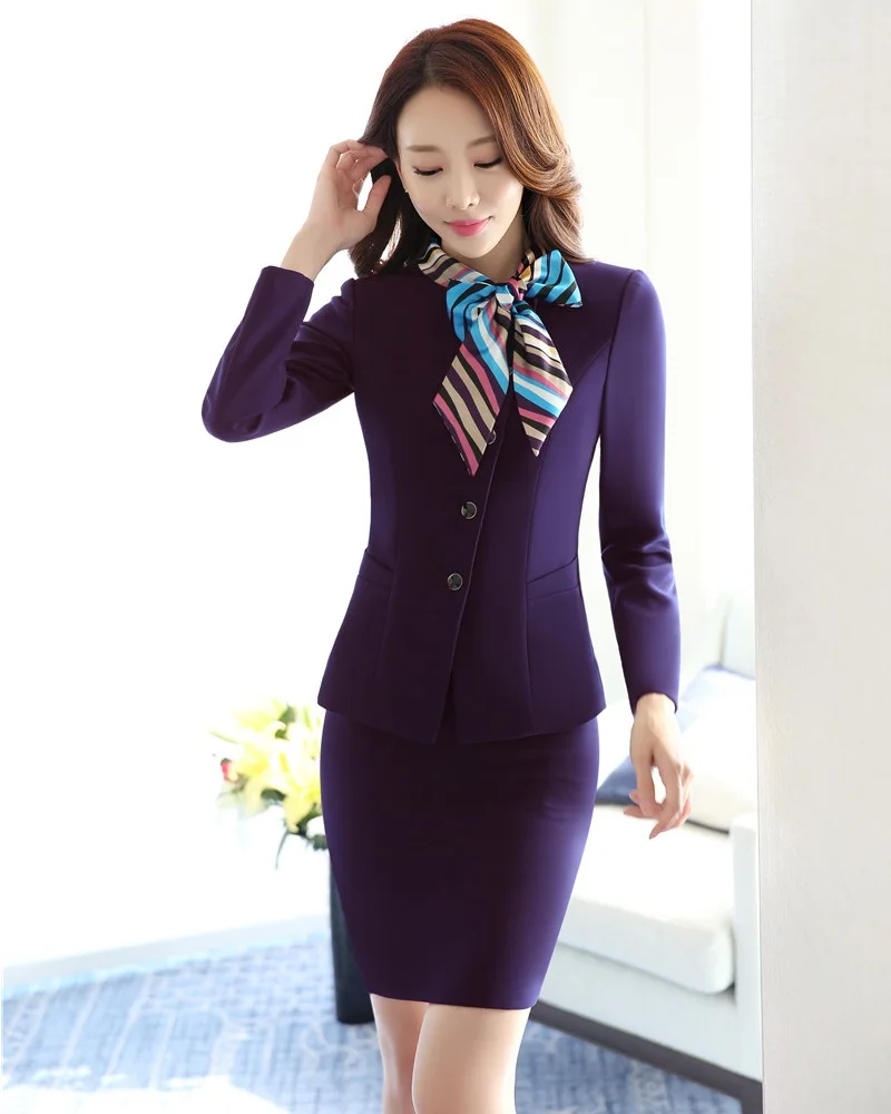 

Formal Purple Blazer Women Business Suits Skirt and Jacket Sets Work Wear Elegant Ladies Office Uniform Designs Style