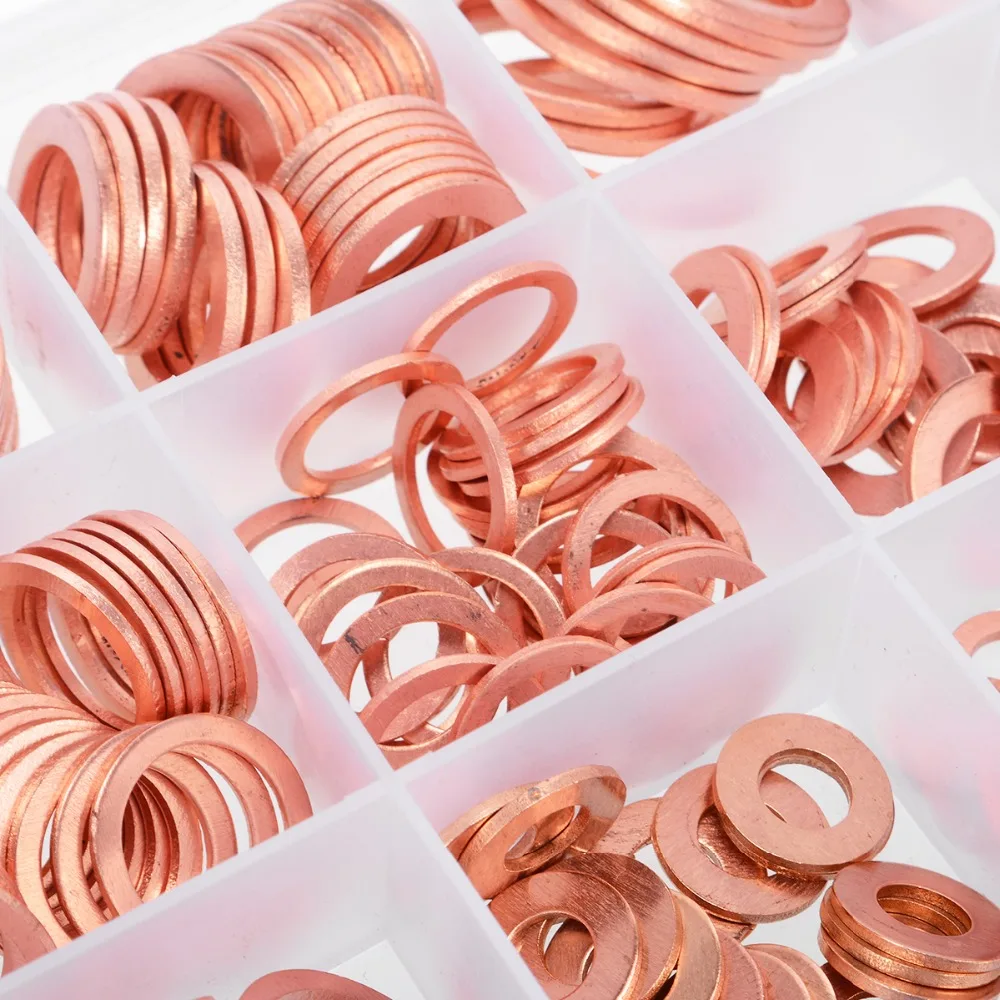 Skup 280 sztuk 12 rozmiary podkładki miedziane różne stałe uszczelka miedziana podkładki uszczelniające zestaw pierścieni M5 6 8 10 12 14 16 20 z obudowa z tworzywa sztucznego