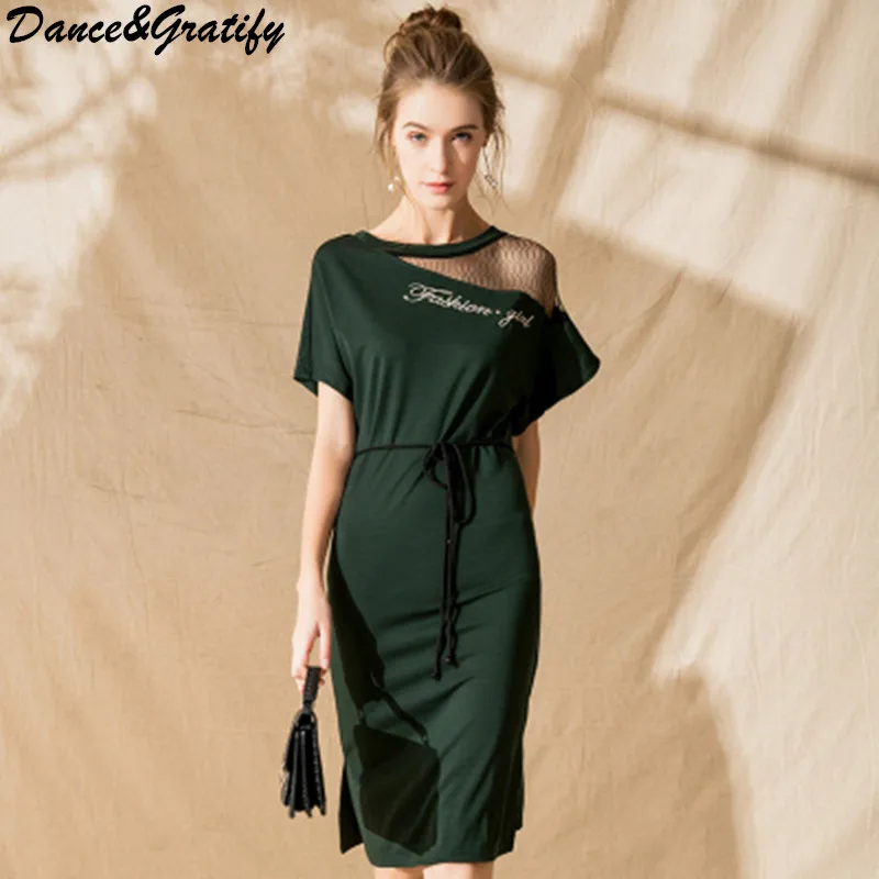 

Newest 2018 Summer Mesh Patchwork Hollow Out Runway Dress Women's Casual Embroidery Letter Slim Midi Party Dress