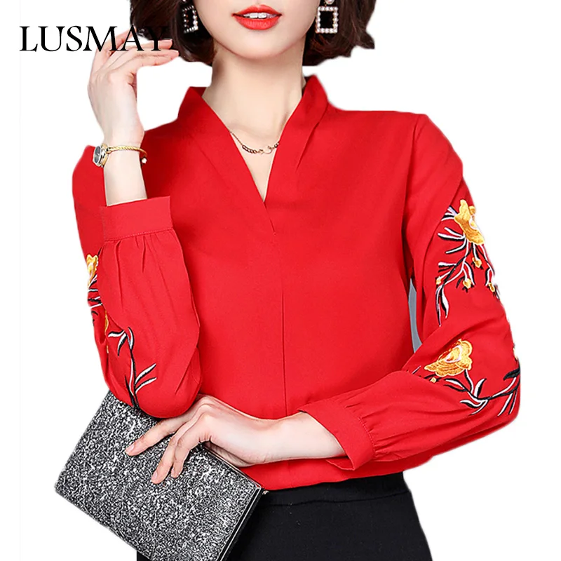 Korean Floral Embroidery Chiffon Womens Tops And Blouses 2018 Autumn