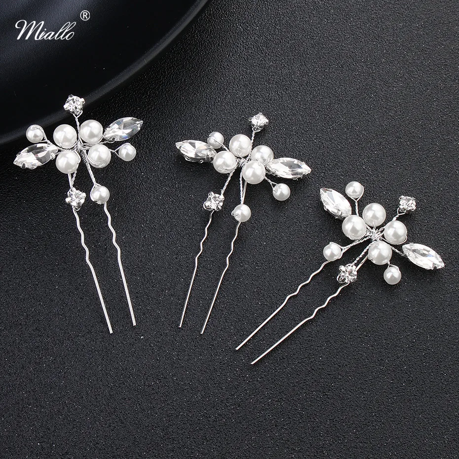 Miallo 3Pcs/Lot Wedding Pearls Hair Pins for Women Elegant Rhinestone