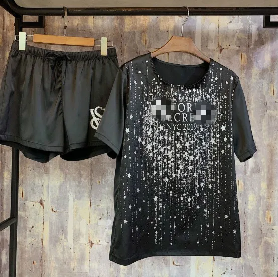 

Summer New Women's Somple Silk Satin Star Printing Short Sleeve Pajama Two Piece Shorts Suit Lady Sleepwear Home Wear