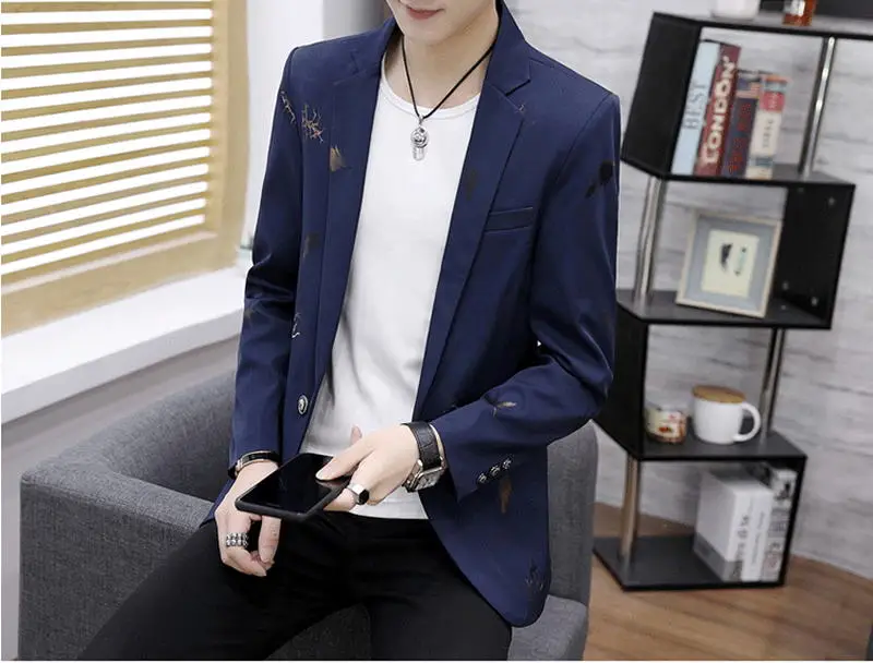 Navy blue8822 Мужской модный брендовый блейзер с принтом, повседневный приталенный пиджак, мужские блейзеры, мужское пальто Terno Masculino размера плюс 6XL - Цвет: Navy blue8822