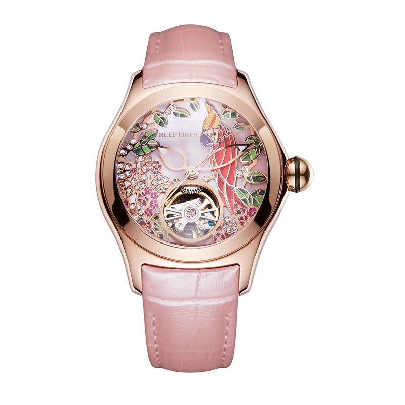 Reef Tiger Top Brand Luxury Women Watches Pink Dial Leather Strap Mechanical Watch Rose Gold Fashion Watch reloj mujer RGA7105 - Цвет: RGA7105-PPP