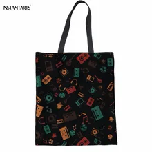INSTANTARTS Музыка Примечания 3D печати девушки Льняная сумка сумки Мода Многофункциональная многоразовая эко-сумки Повседневная Большая женская сумка для покупок