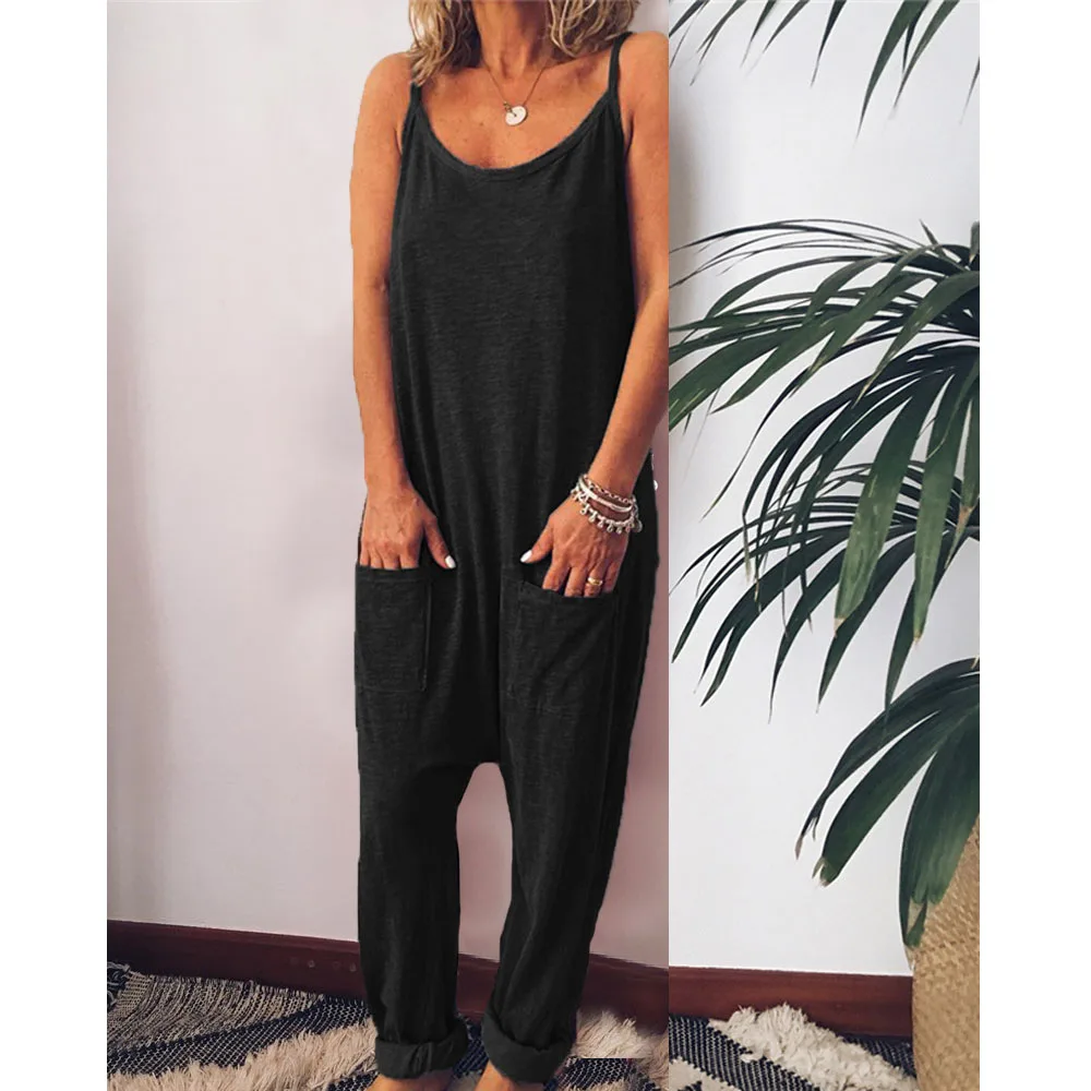 Women summer pocket Loose Casual Spaghetti Strap Jumpsuit HipHop Solid Color Romper Women summer pocket Loose Casual Spaghetti Strap Jumpsuit HipHop Solid Color Romper