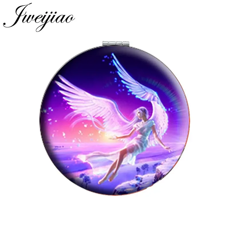 

JWEIJIAO Fairy Angel Photo Printed PU Leather Makeup Mirror Round Folding Pocket 1X/2X Magnifying Mirror