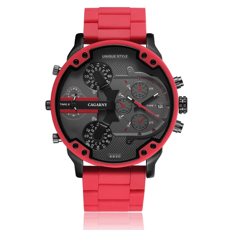 Cagarny крутые большие кварцевые часы для мужчин красный Силиконовый стальной ремешок Спортивные наручные часы мужские военные Relogio Masculino D7370 мужские часы
