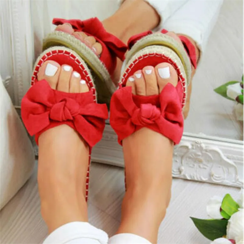 

New Womans Slip On Sandals Bow Flat Mule Leopard Linen Hemp Summer Sliders Espadrille Shoes Sizes