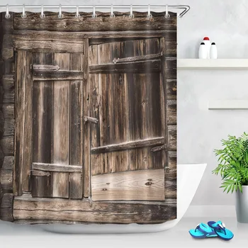 

Retro Rustic Barn Wooden Door Shower Curtain Western Country Scenic Mildew-proof Waterproof Home Decor Hooks