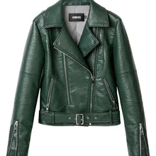 Осенняя кожаная куртка женская зеленая короткая мотоциклетная искусственная кожа с длинным рукавом Высококачественная кожа 3 цвета байкерская куртка HR1018
