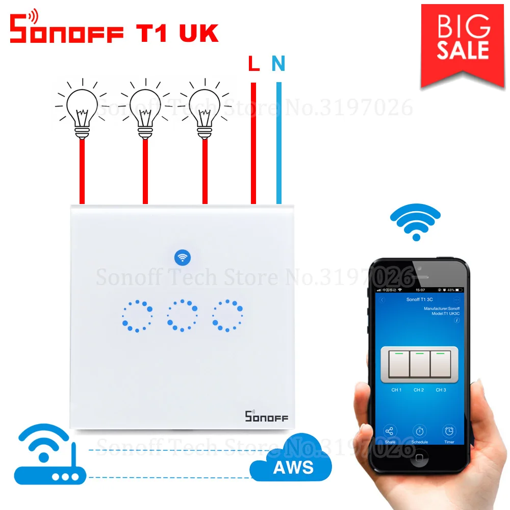 

Itead Sonoff T1 UK Wifi Wall Touch Switch Wireless Remote Light Relay App Control Wifi Smart Switch Works with Alexa Google Home