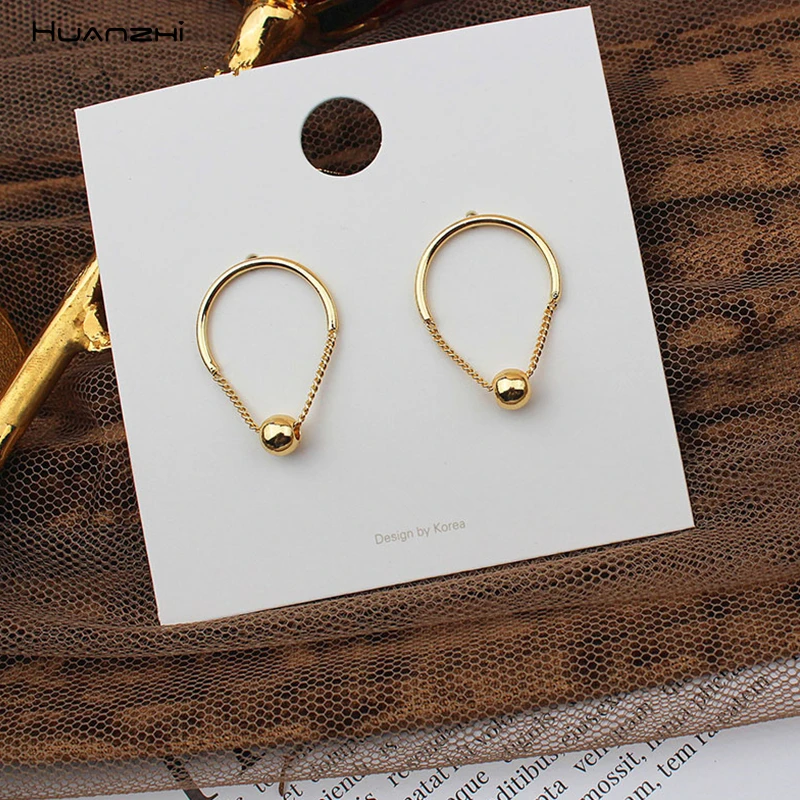 

HUANZHI 2019 New S925 Silver Pin Golden Geometric Water Droplets Metal Beads Chain Active Stud Earrings for Women Party Jewelry