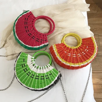 

Summer New Straw Bag 2019 Women Hand-Woven Handbag Moon Shape Rattan Bag Chain Tote Bag Casual Travel Beach Shoulder Bag