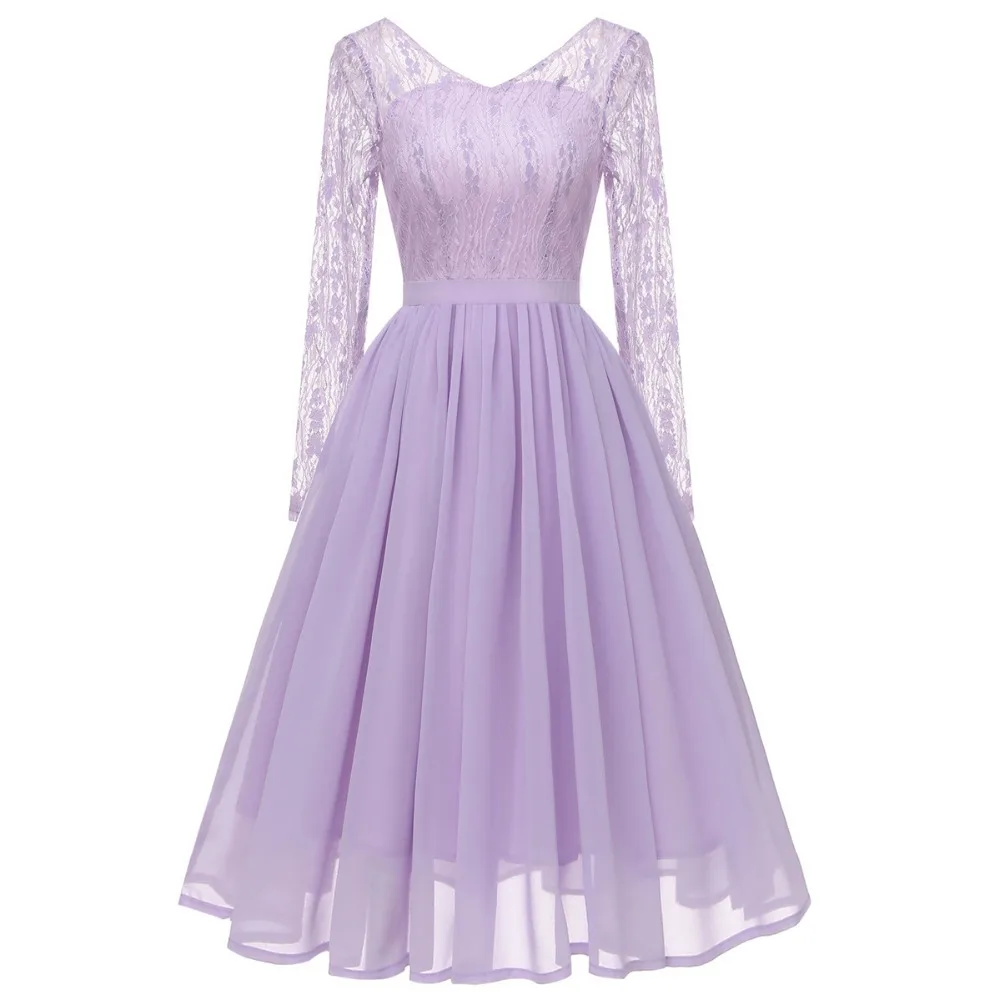Рождественское винтажное Плиссированное кружевное платье с длинным рукавом и открытой спиной, элегантное фиолетовое шифоновое платье, женские осенние вечерние платья