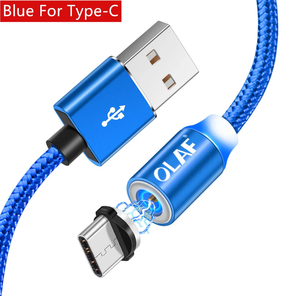 Магнитный светодиодный кабель OLAF, нейлоновый кабель Micro usb type C для iPhone X, XS, Max, samsung, S9, S8, huawei, Xiaomi, USB-C, магнитный шнур для зарядного устройства - Цвет: Blue For Type-C